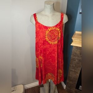 Rayon red sundress with bright golden sunburst sunflowers Size L